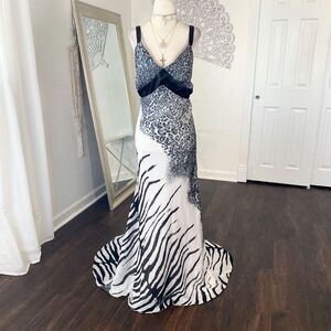 Ever Pretty Y2K Satin Gray Black Zebra Cheetah Maxi Train Mermaid Prom Dress L
